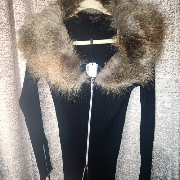 Fontana Arte Sweaters - Fontana Arte Black Cardigan with Faux Fur Collar